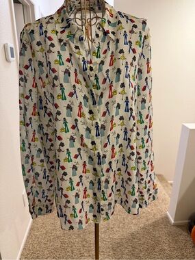 Alice + Olivia White Button-Down Shirt with Multicolor Figure Print